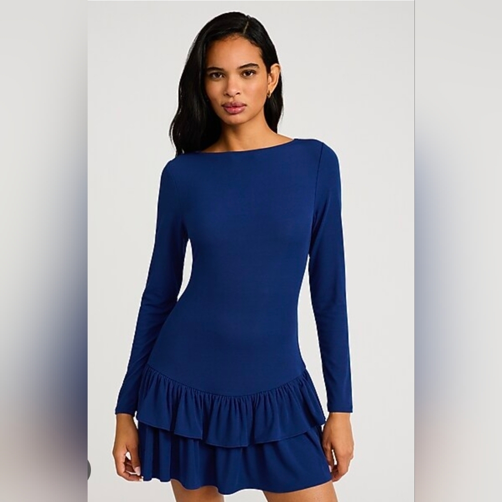 Express Women's Boat Neck Long Sleeve Drop Waist Ruffle Mini Dress M